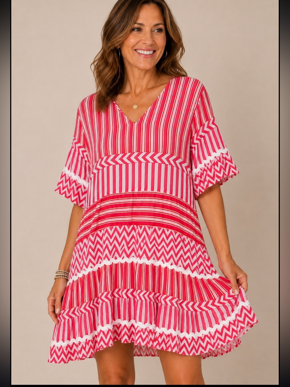 Rubyyaya Chevron & Striped Tiered Mid Length Dress w/ Scallop Hem NWT Size M